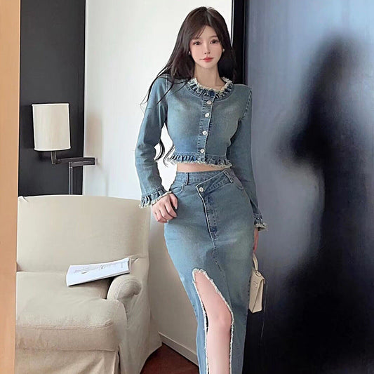 Kvinnors Långärmad Top Oregelbundet Kjolset Bomull-1