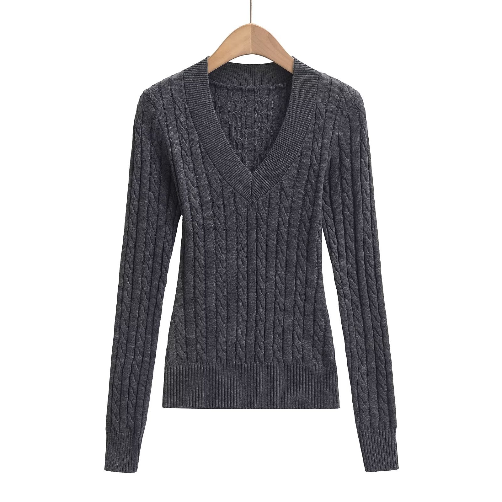Dam Stickad Tröja V-ringning Kabelmönster Bomull Avslappnad Passform 3