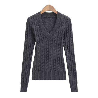 Dam Stickad Tröja V-ringning Kabelmönster Bomull Avslappnad Passform 11