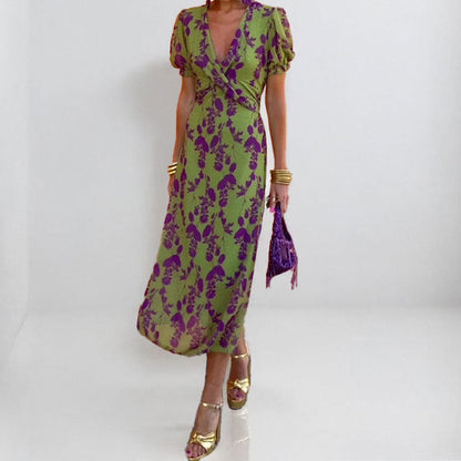 Variant image for Maxiklänning Dam V-ringning Korta Ärmar Polyester Blommönstrad Lång Klänning-1