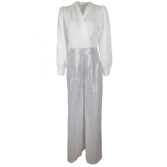 Dam Byxor V-neck Paljetter Lång Kompositmaterial-1