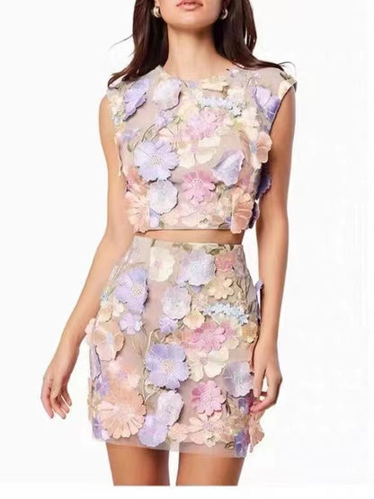 Kvinnors Kort Kjol Set Blommönster Polyester-1