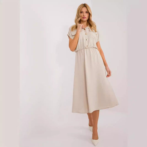 Damklänning A-Linje Elastisk Midja Polyester med Knappficka-1