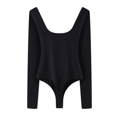 Dam Bodysuit Långärmad Djup Halsringning Elastisk-4