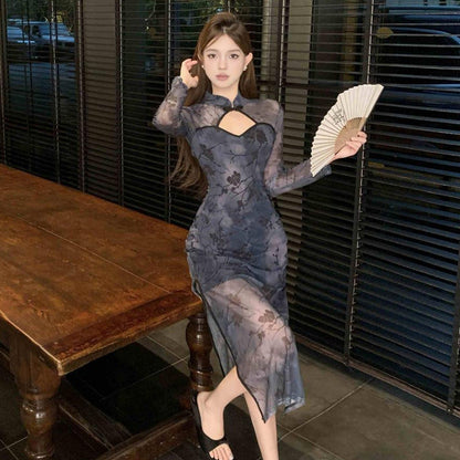 Kvinnors Cheongsam Klänning med Långa Ärmar och Stående Krage i Högkvalitativt Tyg – Elegant och Bekväm Passform 5