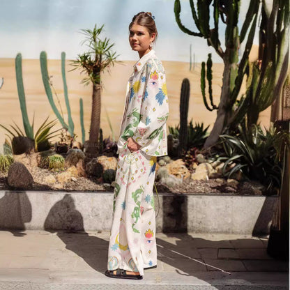 Matchande Set Dam Blommig Långärmad Skjorta och Byxor 100% Bomull 5