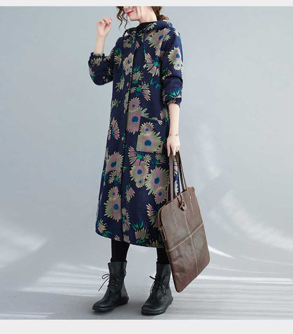 Lång Vinterrock Dam Vintage Bomull med Huva-3