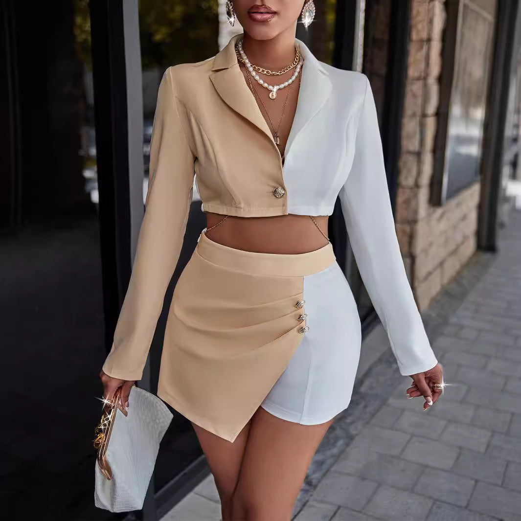 Kvinna Blazer Set Kontrastfärgad Krage Polyester-3