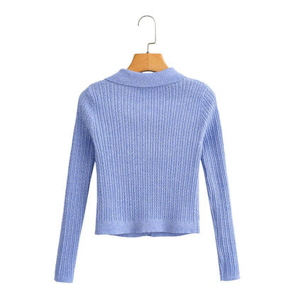 Kvinnors Stickad Blus med Elegant Krage och Strukturerad Yta av Andningsbart Tyg 3