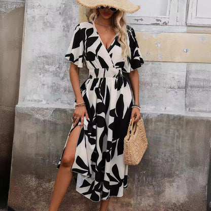 Damklänning A-Line Blommönster Korsad Hals Polyester-2