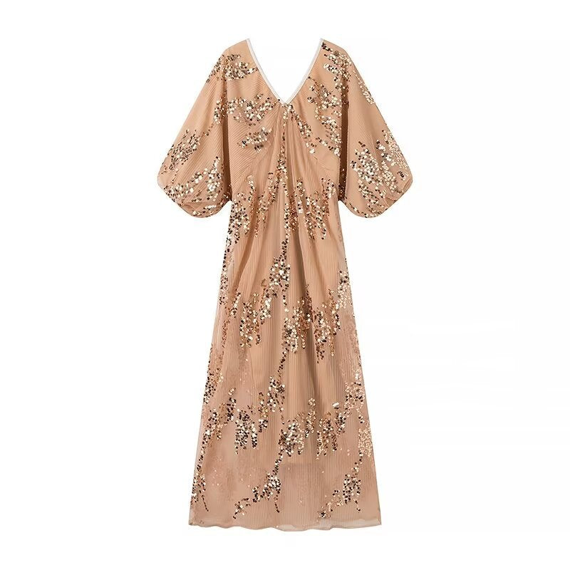 Damklänning A-Linje V-ringning Kort Ärmar Patchwork 100% Polyester-5