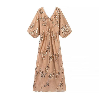 Damklänning A-Linje V-ringning Kort Ärmar Patchwork 100% Polyester-5