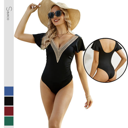 Dam Capri Byxor Slim Fit med Spetsdetaljer i Hög Elastisk Blandning-2