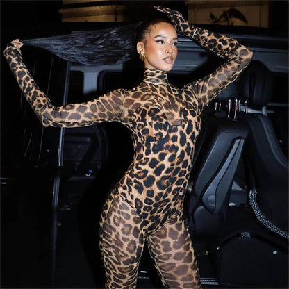 Dam Bodysuit Transparent Mesh Leopardmönster Slim Fit Långärmad Underkläder Body-2