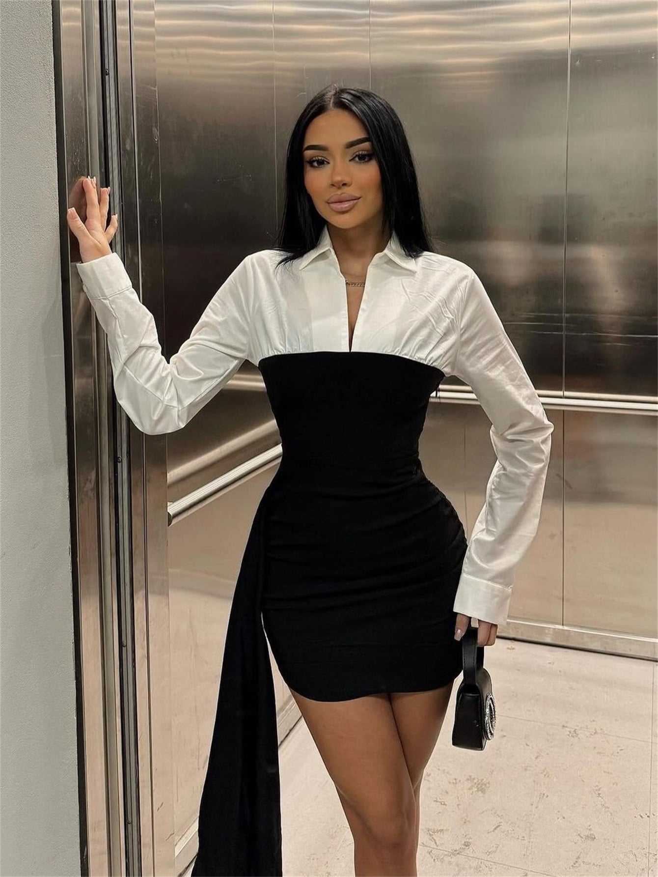 Dam Klänning Färgblock Långärmad Polyester Mini Kjol-1