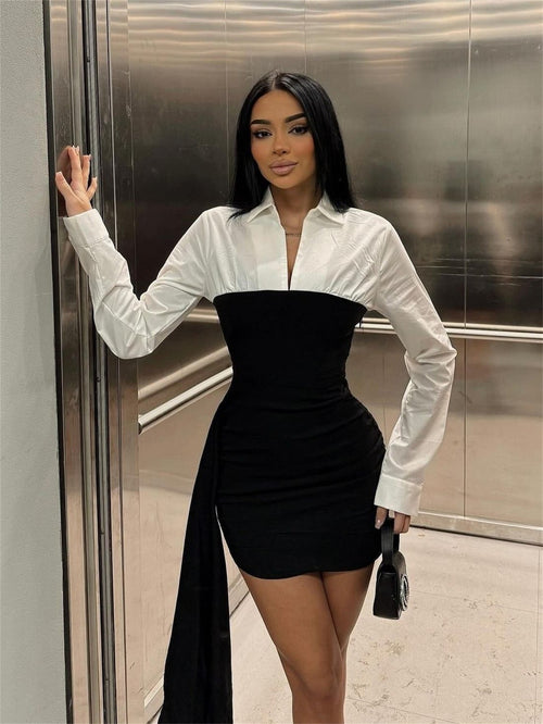 Damklänning med Vänd Krage Polyester Kort Kjol Långa Ärmar-1