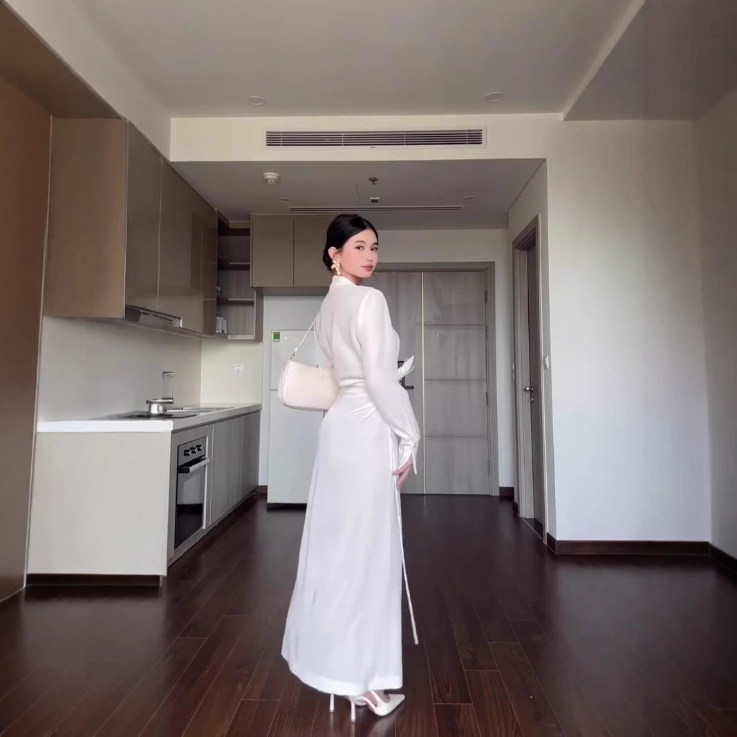 Maxiklänning Dam Asymmetrisk V-Hals i Högkvalitativt Tyg-3