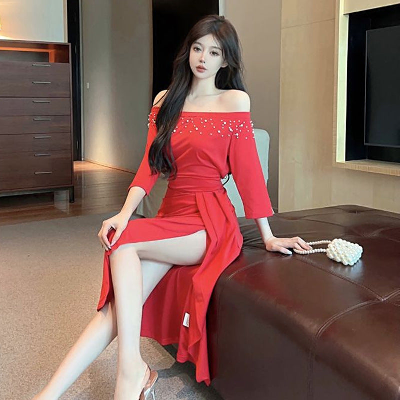 Damklänning Axelbandslös Kort Slits Polyester-4