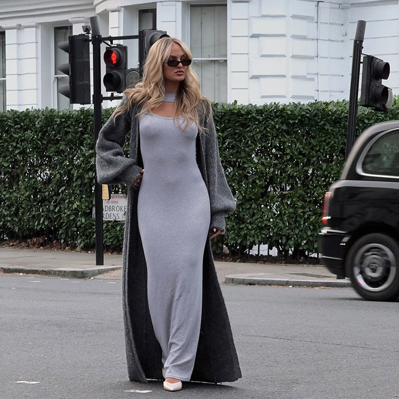 Damklänning V-ringning Puffärmar Stickad Mjuk Material 2