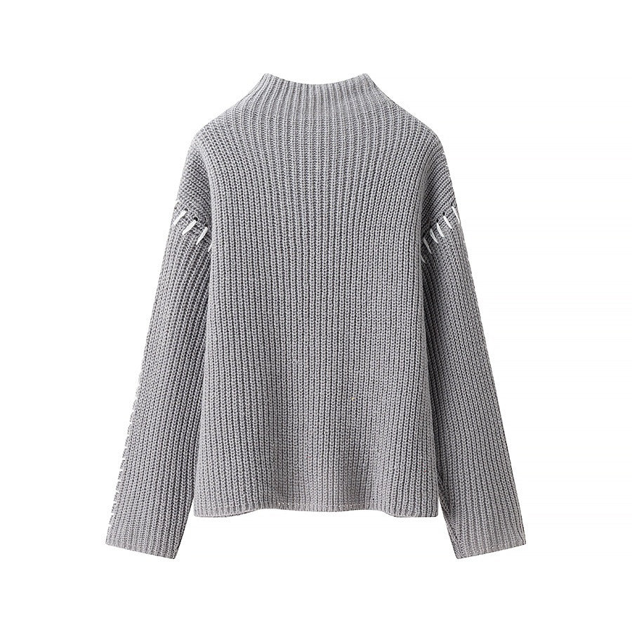 Dam Stickad Tröja Hög Krage Ribbad Bomull-3