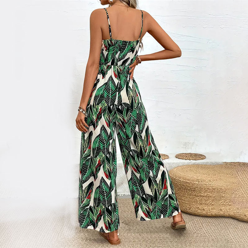Dam Jumpsuit Avslappnad Passform i Andningsbart Material med Bladdesign-5