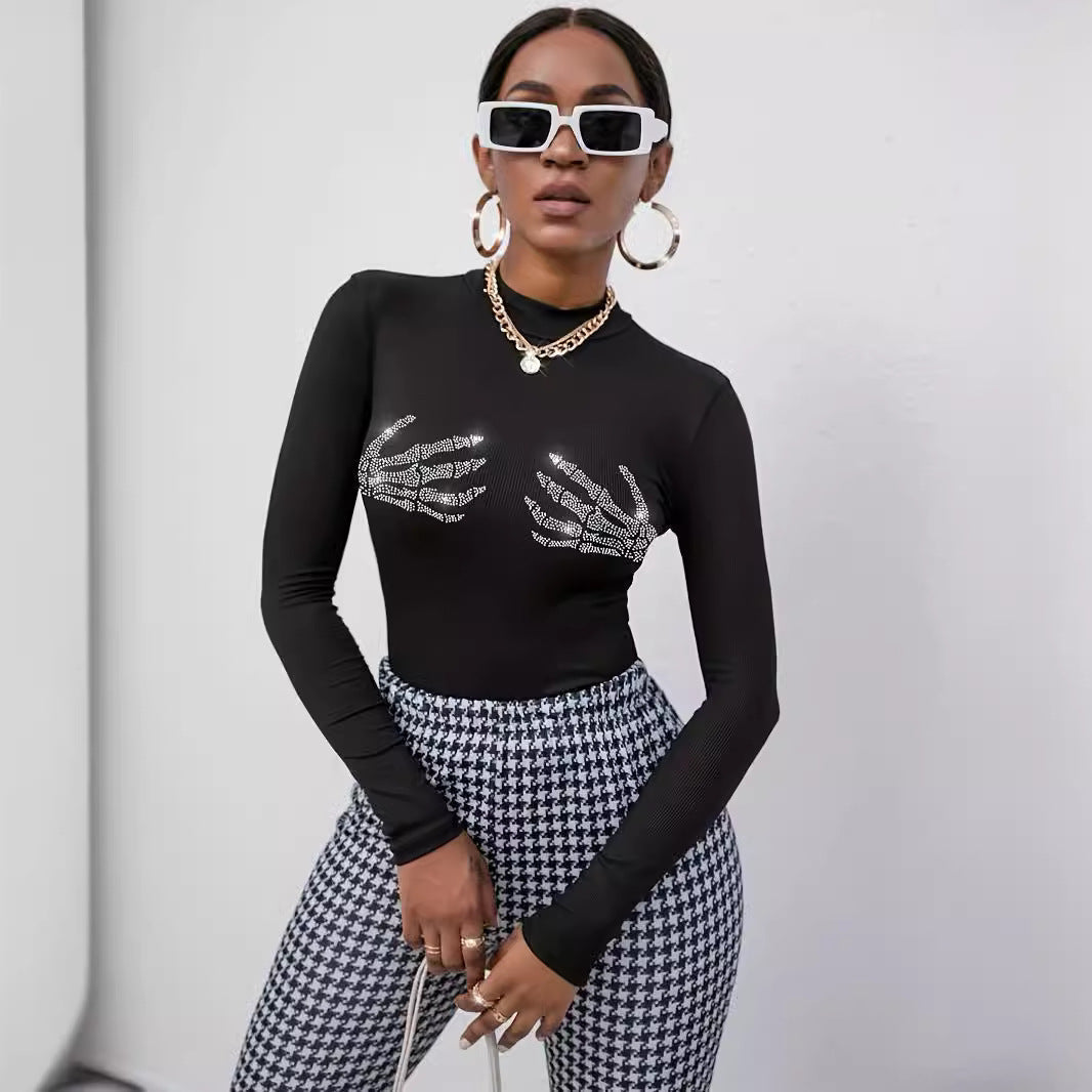 Dam Långärmad T-Shirt Slim Fit med Rund Hals och Strassdetaljer i Polyester-2