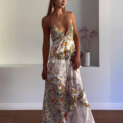 Kvinna Lång Klänning Blommig V-Hals Spandex Polyester 2