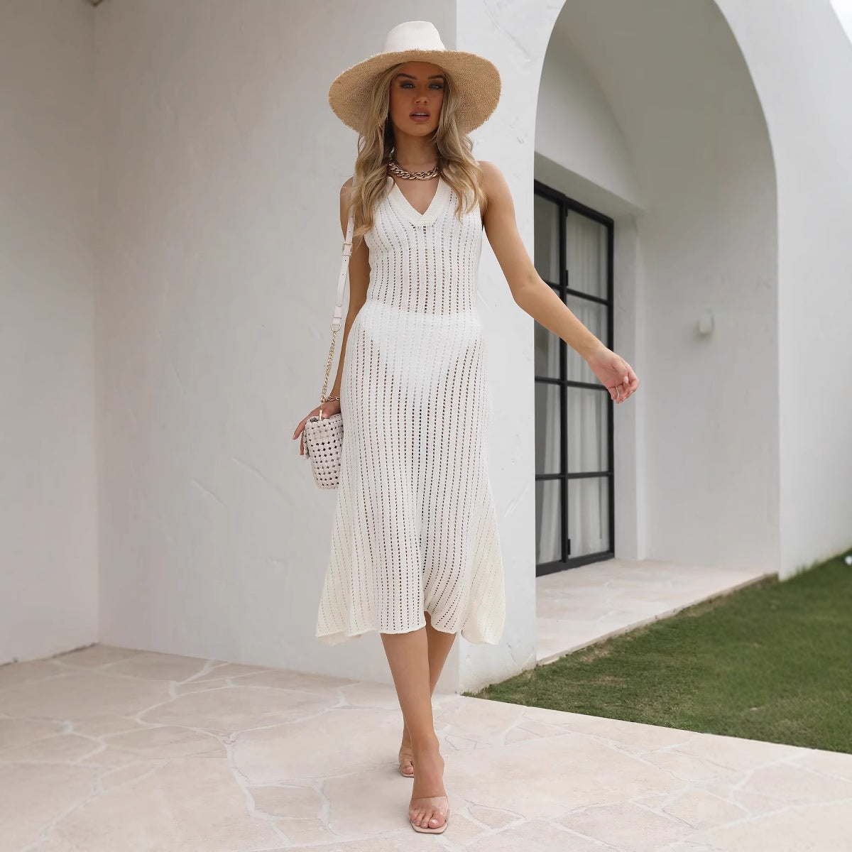 Dam Klänning Vändkrage Lång Viskos och Nylon-2