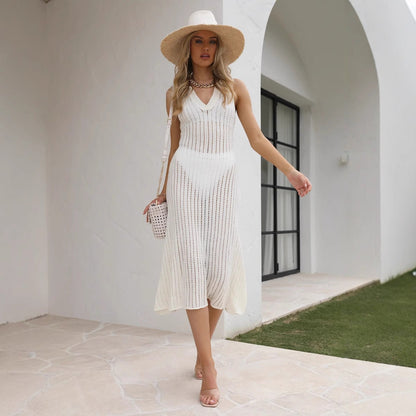 Dam Klänning Vändkrage Lång Viskos och Nylon-2