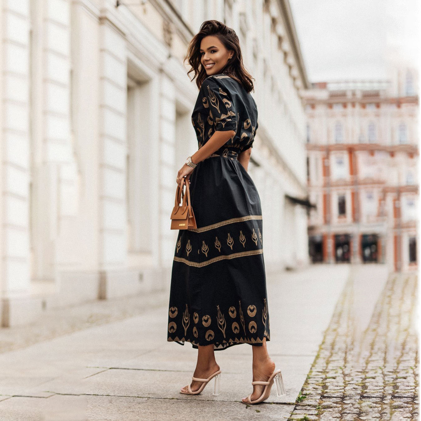 Damklänning A-linjeformad Etniskt Tryck Polyester Långa Ärmar-5