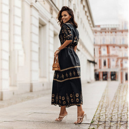 Damklänning A-linjeformad Etniskt Tryck Polyester Långa Ärmar-5