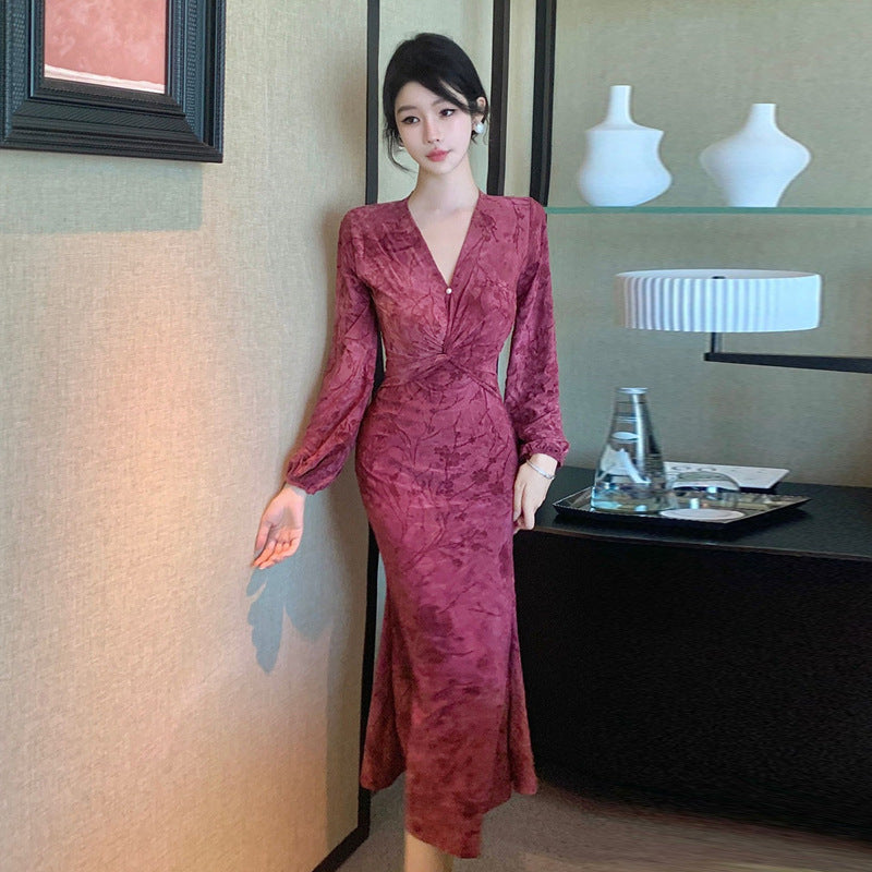 Kvinnors Midiklänning V-ringning Slim Fit Jacquard-4