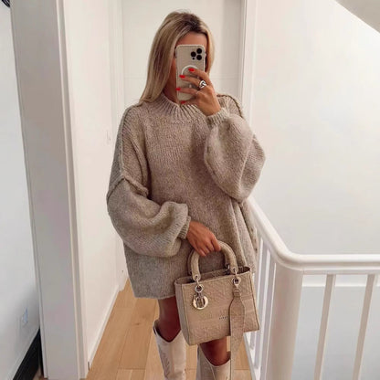 Dam Stickad Tröja Hög Krage Ullblandning Elegant Avslappnad-5