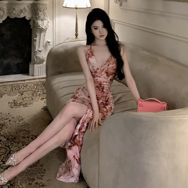 Kvinna Lång Klänning Oregelbunden V-hals Ärmös Kvalitetsblandning-4