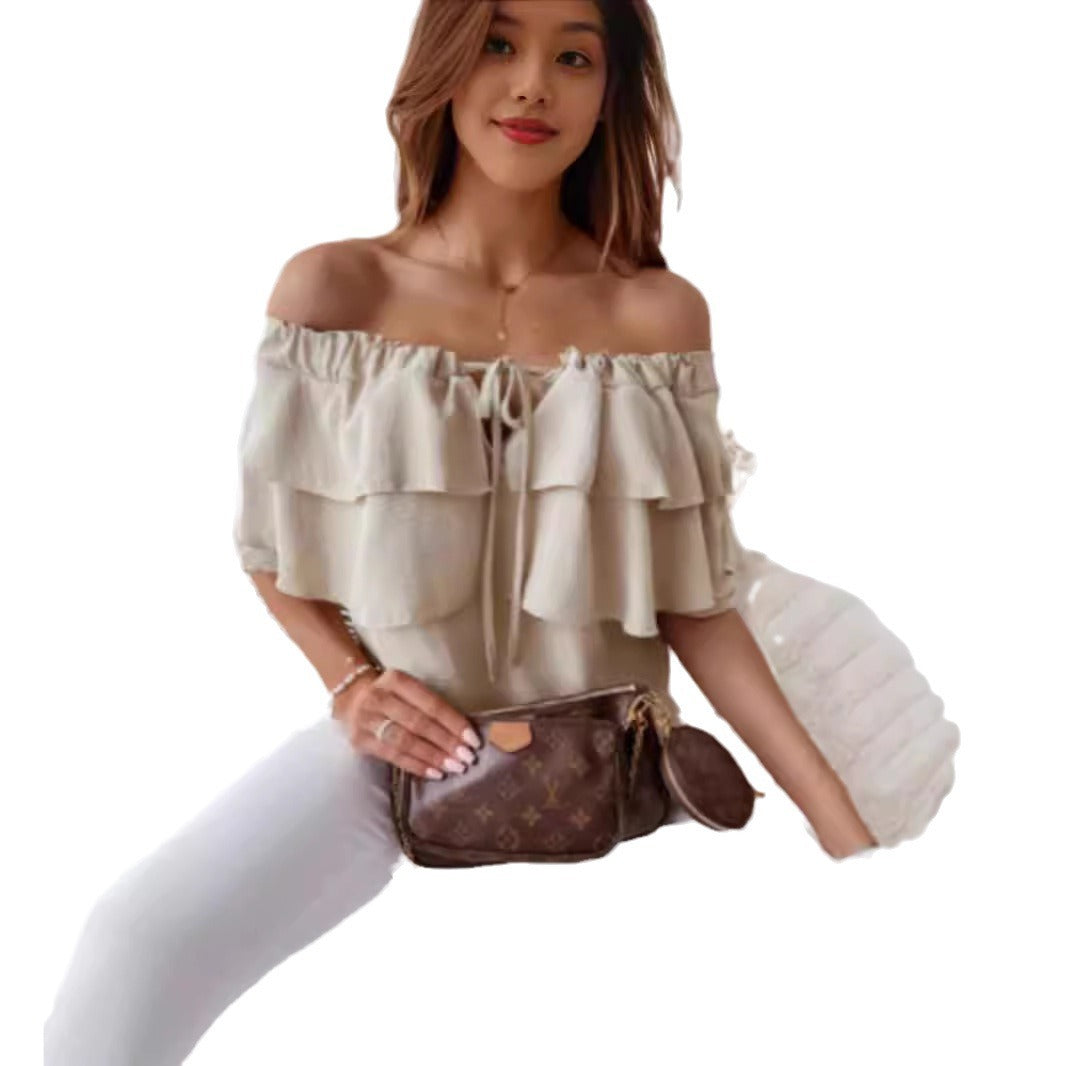 Dam Skjorta Ruffle Kortärmad Polyester Spandex-3