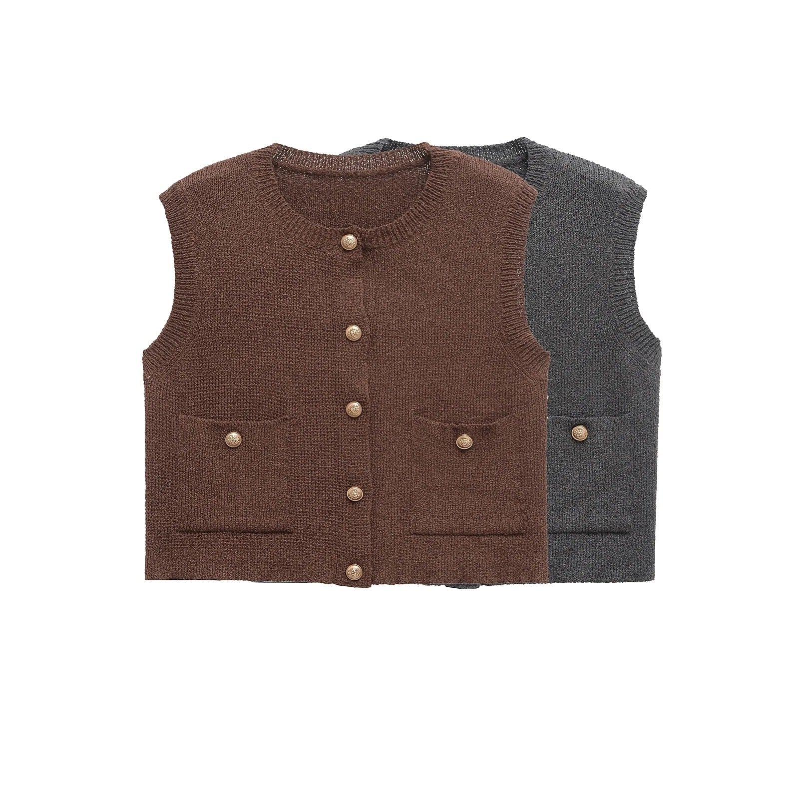 Kvinnors Stickad Väst med Praktiska Fickor och Träknappar 2