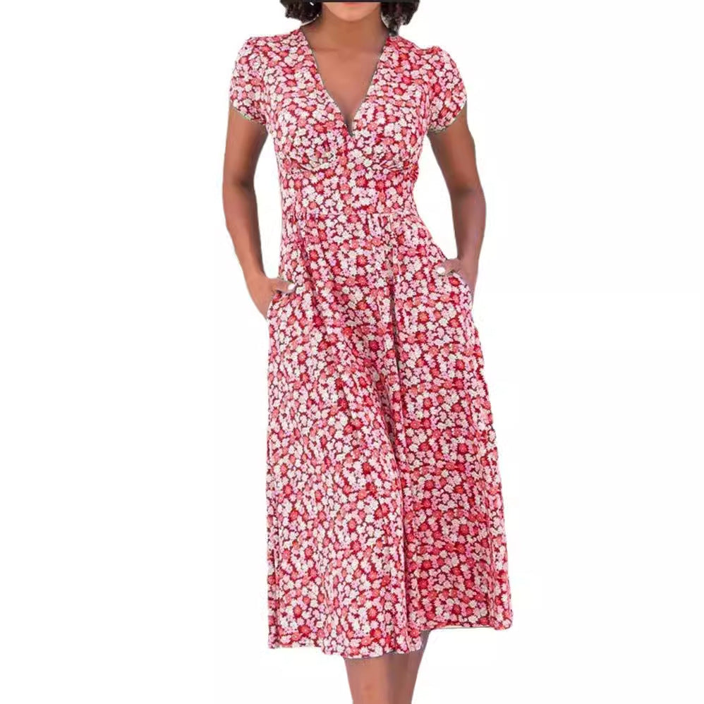 Damklänning V-hals A-linje Midi Fyrvägsstretch Bohemisk Stil 6