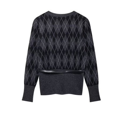 Kvinnors Cardigan Diamantmönster Mjuk Stickad med Midjebälte-4