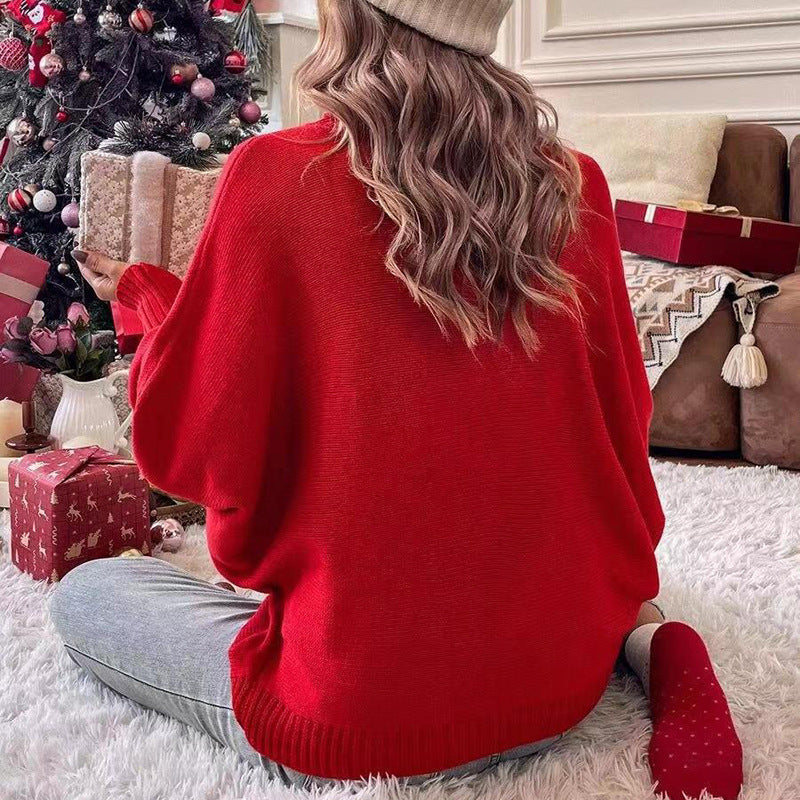 Stickad Dam Tröja Batwing Ärmar Polyester Långärmad-4