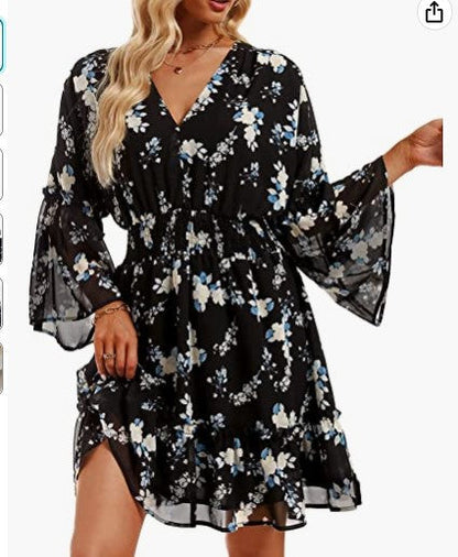 Elegant Blommaklänning för Dam i Lätt Material med Breda Ärmars Design - Perfekt för Sommar och Festliga Tillfällen 3