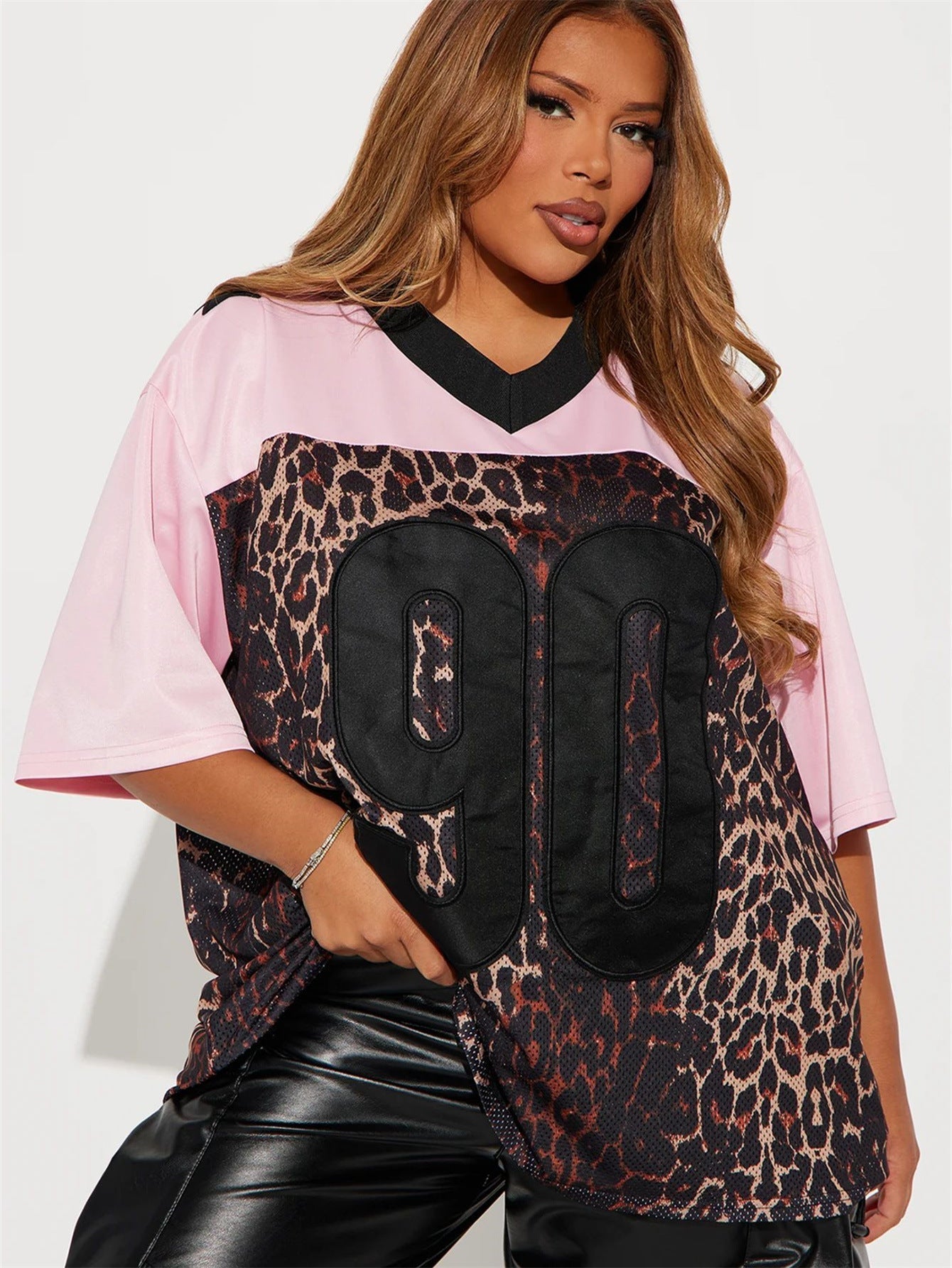 Dam T-shirt Kortärmad Leopardtryck Lätt Polyester-1