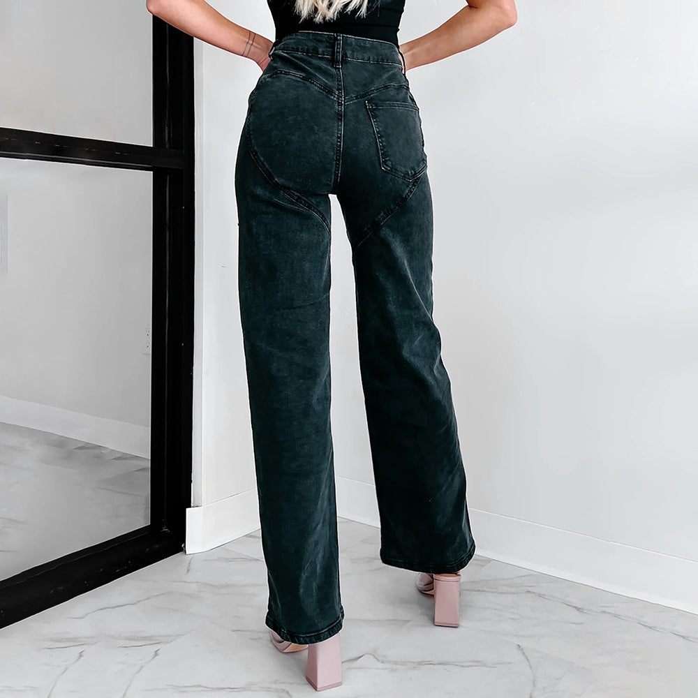 Kvinnors Rippade Raka Jeans Hög Midja Elastisk Denim-5
