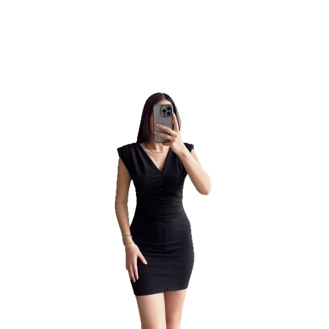 Kort Klänning Dam Vadderade Axlar Mini V-hals Högkvalitativt Tyg-5