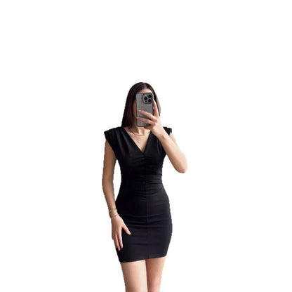 Kort Klänning Dam Vadderade Axlar Mini V-hals Högkvalitativt Tyg-5