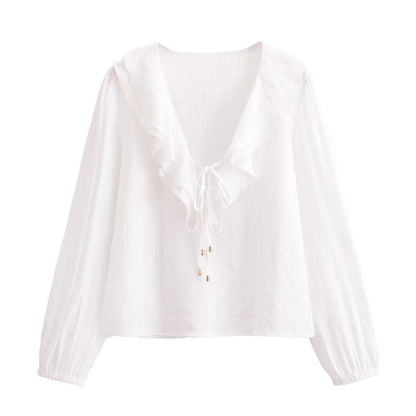 Voluminös Damblus med Ruffle-design och Justerbar Snörning i Andningsbart Tyg - V-ringad, S-XL 1