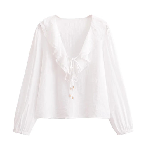 Voluminös Damblus med Ruffle-design och Justerbar Snörning i Andningsbart Tyg - V-ringad, S-XL 1