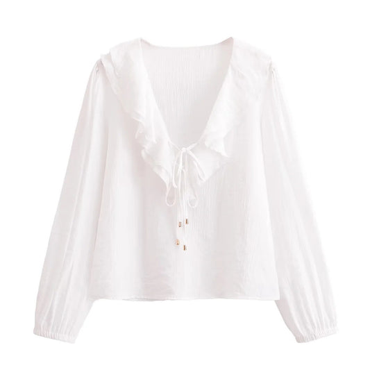 Voluminös Damblus med Ruffle-design och Justerbar Snörning i Andningsbart Tyg - V-ringad, S-XL 1