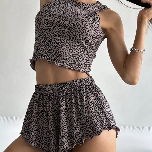 Dam Camisole Shorts Leopardmönster Lätt Polyester-1