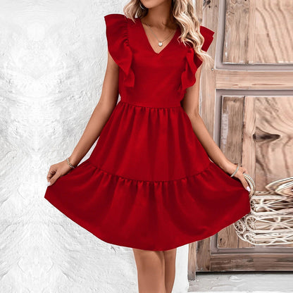 Kvinna Klänning Ärmlös V-ringad Patchwork Polyester Kort-5