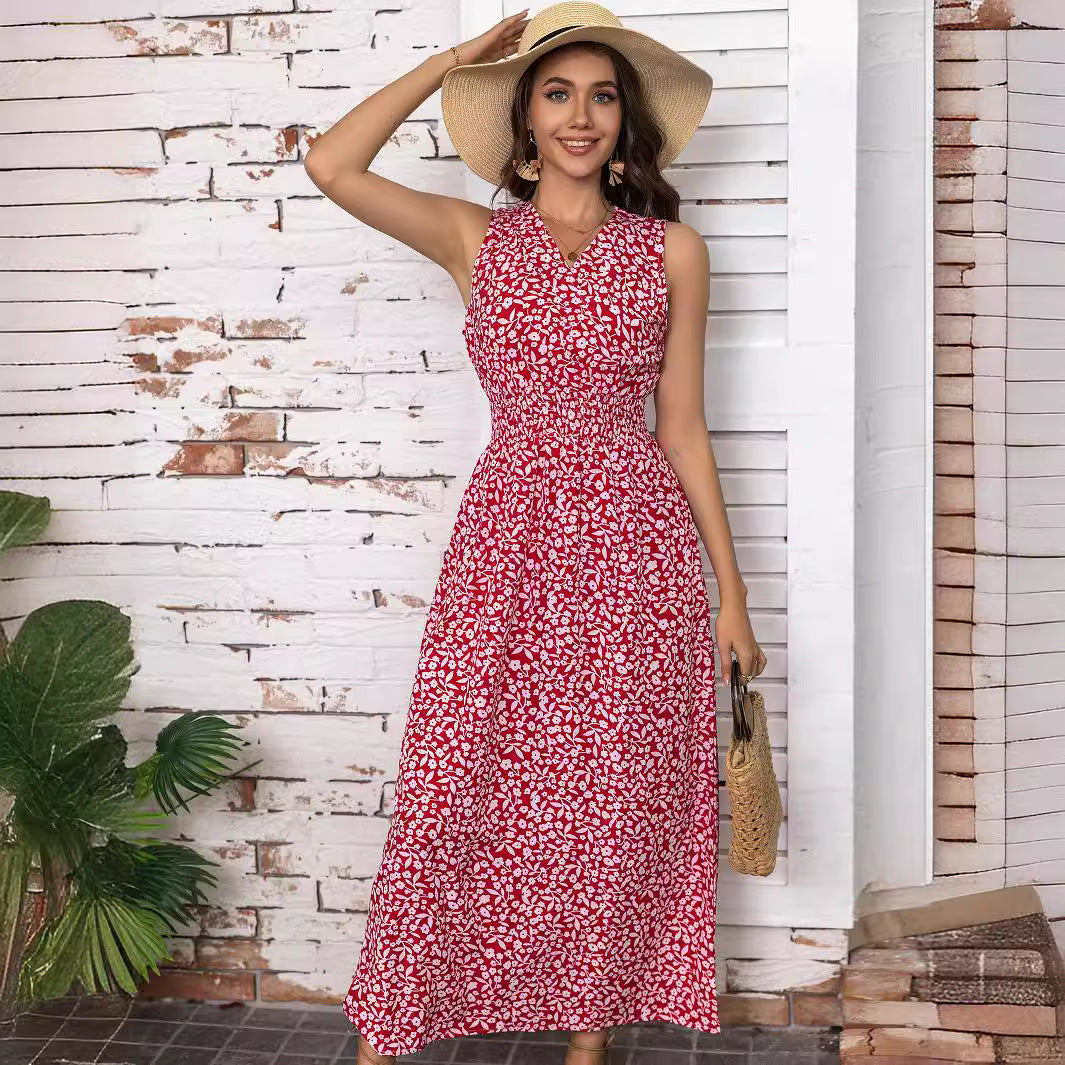 A-linjeformad Maxiklänning Dam med Blommönster, Ärmlös V-ringning, Lång Klänning i Polyester 2